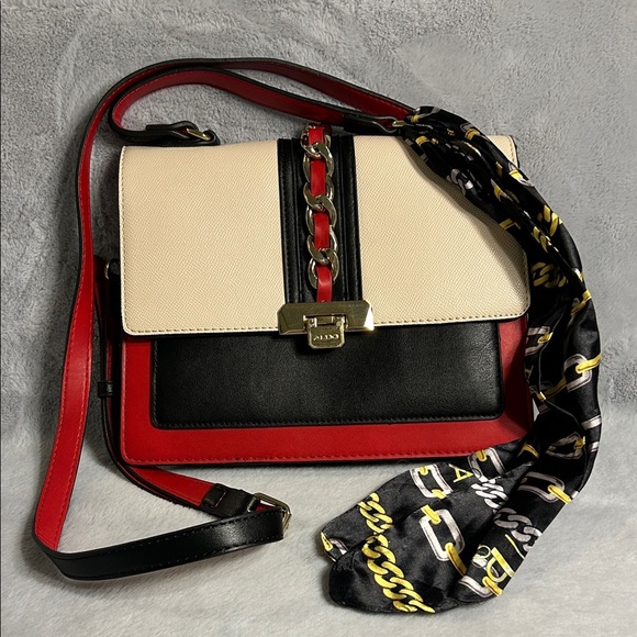 Aldo Red, Black, and Cream Top Handle Purse With Crossbody Strap and Scarf